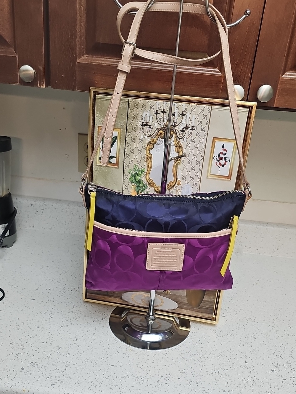 Coach Purple & Navy Two-Tone Crossbody with Beige Strap and Yellow Accents